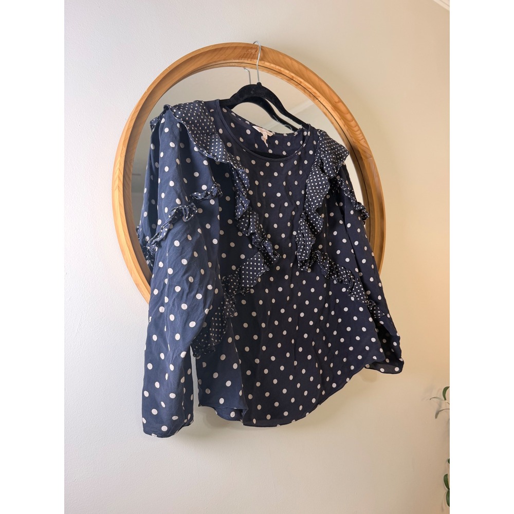 Rebecca Taylor Blouse Womens 8 Navy Blue Excellent Silk Polka Dot Ruffle Top - Picture 3 of 6